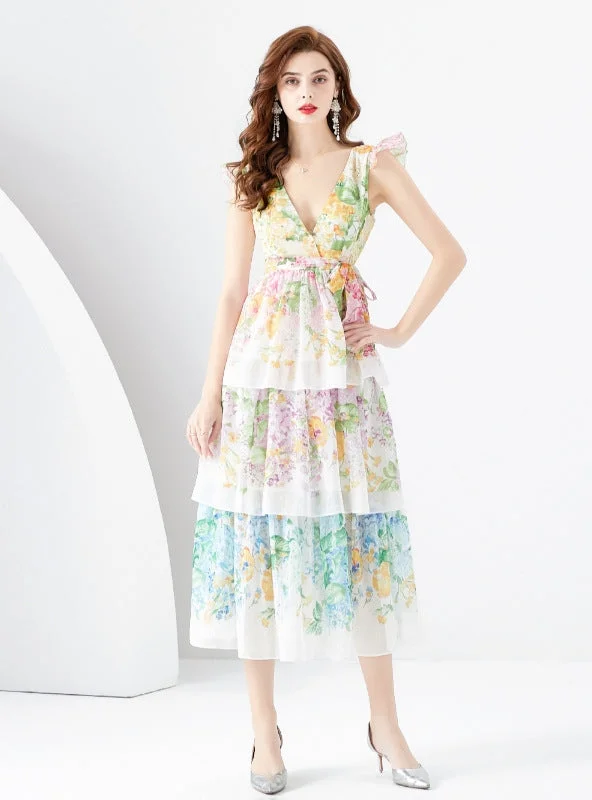 V-neck Printed Long Cake Dress Chiffon floral dresses