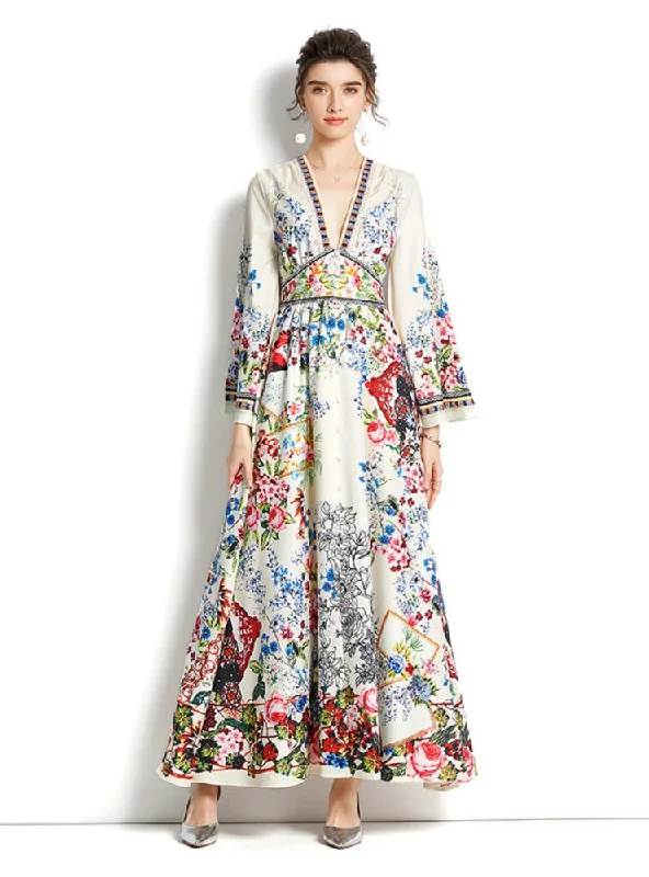 V-neck Slim Flared Sleeve Printed Long Dress A-line floral dresses