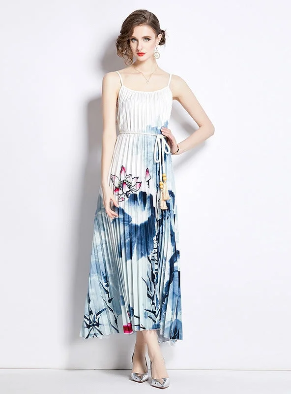 White Printed Sling Pleated Dress Ruffled floral dresses