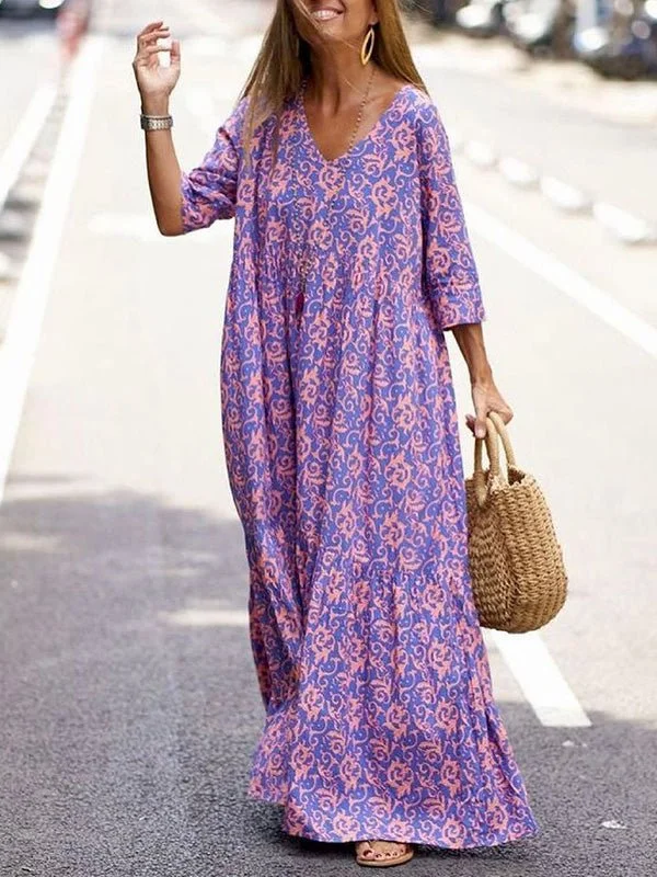 Women's Dresses Loose V-Neck 3/4 Sleeve Print Dress Formal floral dresses