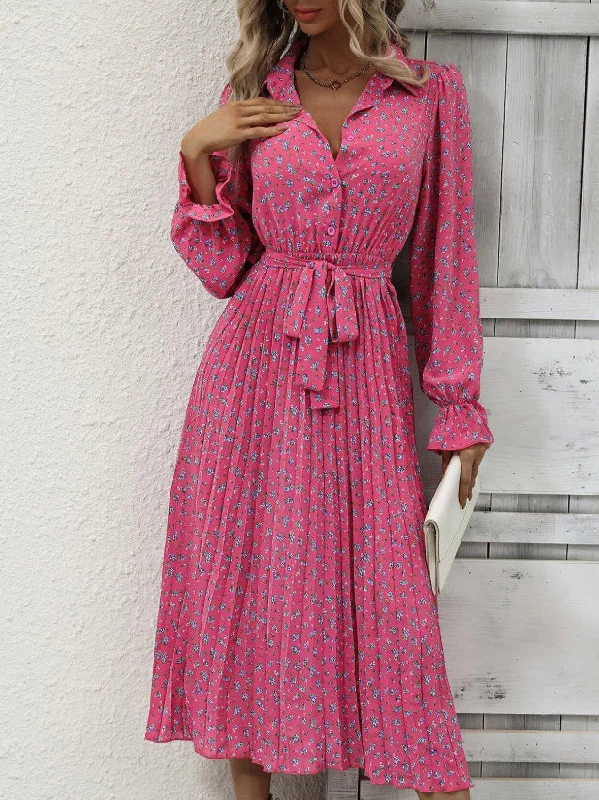 Women's Dresses Pleated Tie Long Sleeve Print Dress Cotton floral dresses