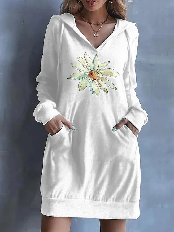 Women's Dresses Printed Pocket Long Sleeve Hooded Casual Dress Elegant floral dresses