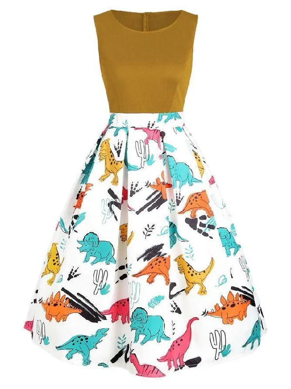 1950s Dinosaur Patchwork Swing Dress Summer unclassified dresses