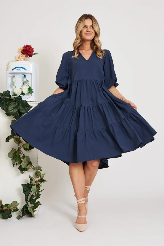 Kehlana Tiered Smock Dress In Navy Lace unclassified dresses