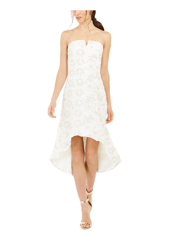 ADRIANNA PAPELL Womens White Zippered Lace Floral Strapless Below The Knee Evening Hi-Lo Dress Lace Dress Lace