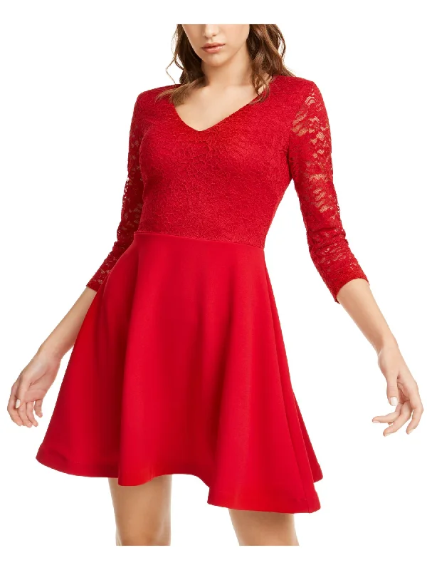 B DARLIN Womens Red Lace 3/4 Sleeve V Neck Short Party Blouson Dress Boho Lace Dress