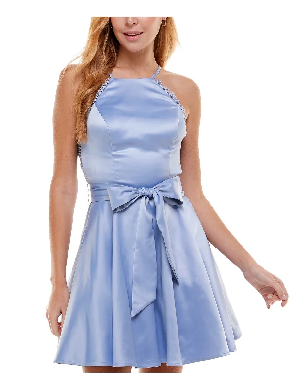 CITY STUDIO Womens Light Blue Stretch Lace Zippered Open Back Tie Sash Padded Bust Sleeveless Halter Short Party Fit + Flare Dress Lace Skater Dress