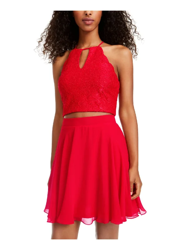 CITY STUDIO Womens Red Embroidered Lace Floral Sleeveless Keyhole Short Cocktail Fit + Flare Dress Pink Lace Dress