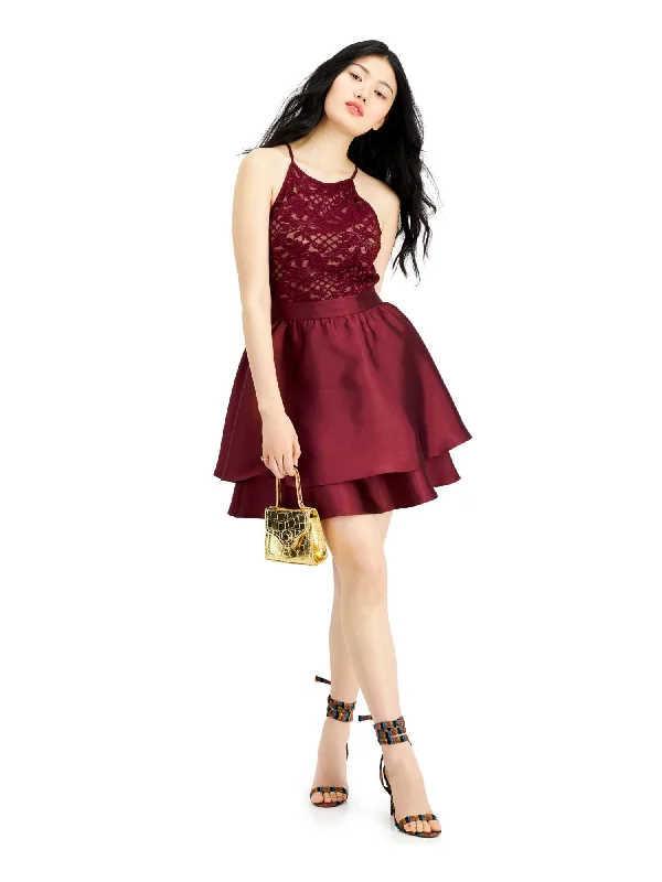 EMERALD SUNDAE Womens Maroon Ruffled Lace Spaghetti Strap Halter Short Party Fit + Flare Dress Lace Detail Gown