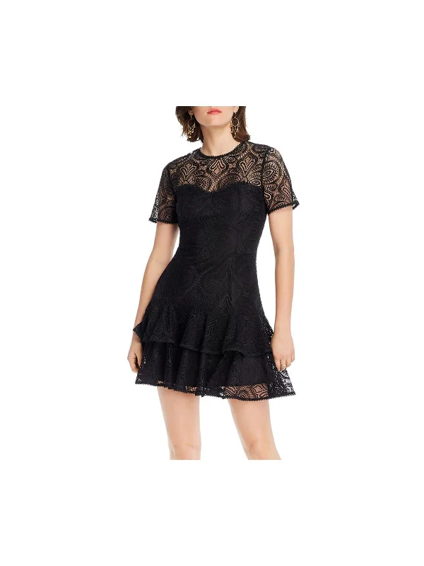 LINI Womens Lace Illusion Neckline Short Evening Fit + Flare Dress Lace Dress Elegance