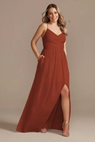 David's Bridal Long Mesh Bridesmaid Dress with Lace-Up Back Lace Overlay Dress