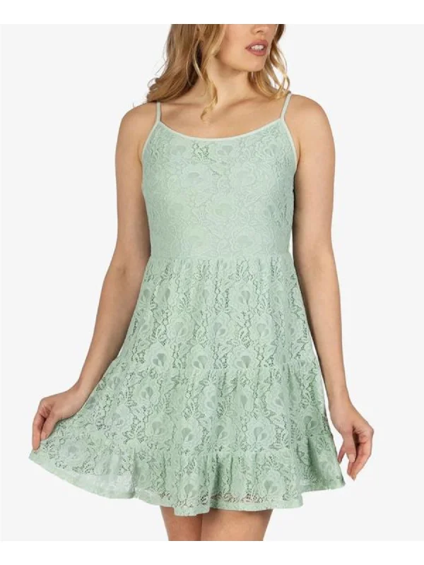 SPEECHLESS Womens Green Stretch Lace Tiered Floral Spaghetti Strap Scoop Neck Short Baby Doll Dress Lace Mini Dress