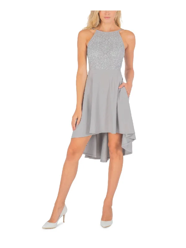 SPEECHLESS Womens Silver Lace Glitter Zippered Sleeveless Halter Knee Length Cocktail Hi-Lo Dress Lace Dress Style