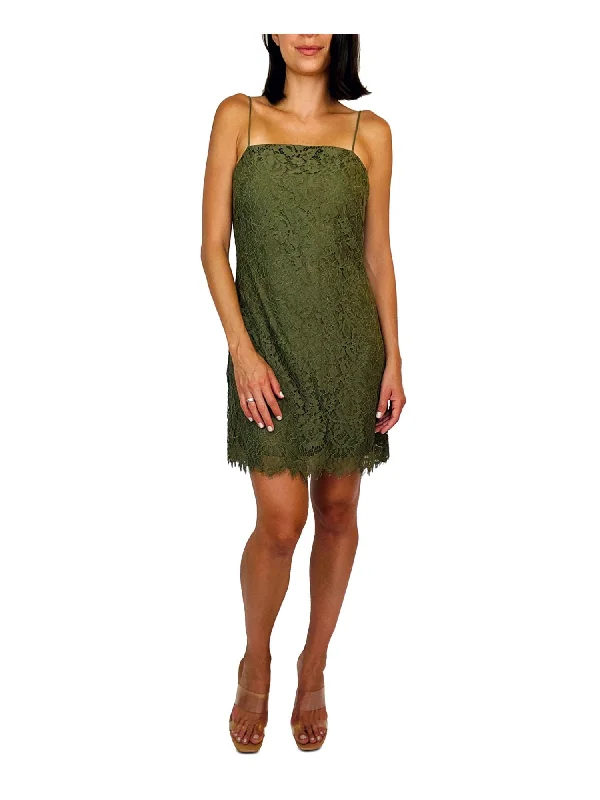 TRIXXI Womens Green Lace Zippered Lined Spaghetti Strap Square Neck Above The Knee Party Shift Dress Modern Lace Dress