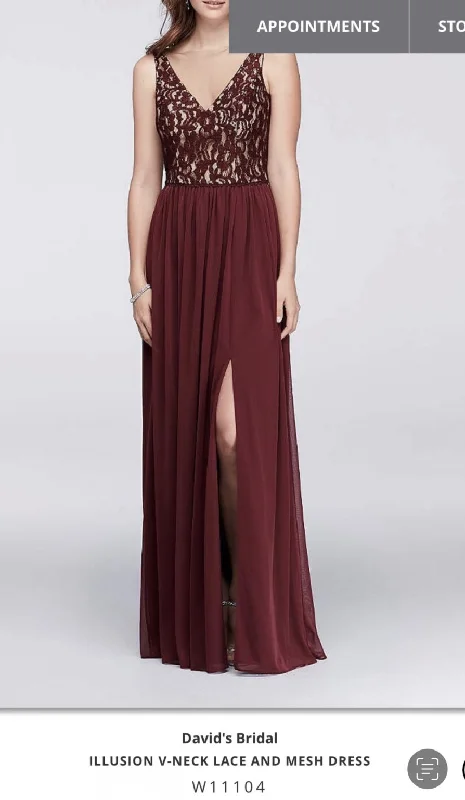 David's Bridal W11104WINE - ILLUSION V-NECK LACE AND MESH DRESS Bohemian Lace Dress