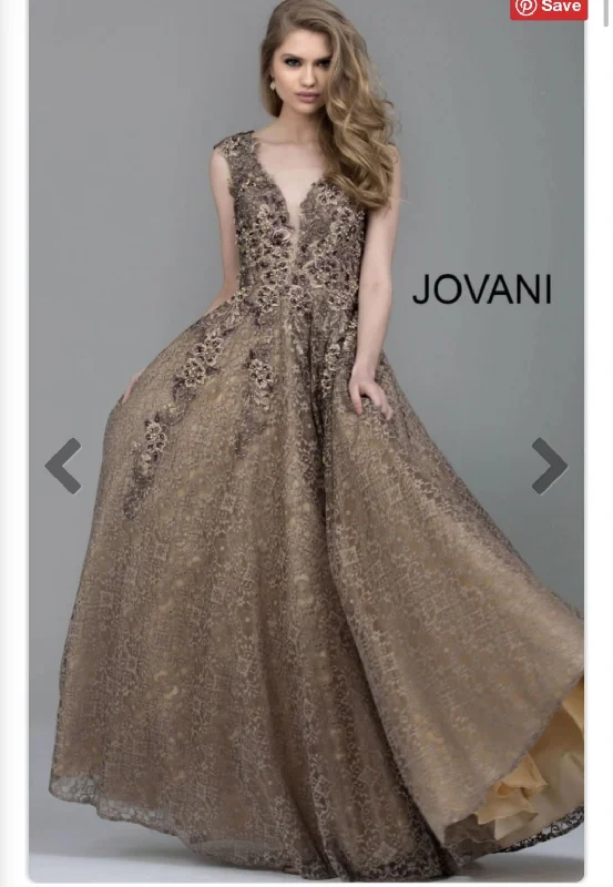 Jovani Jovani 55877 Taupe Embroidered Lace A-Line Mother Lace Maxi Dress