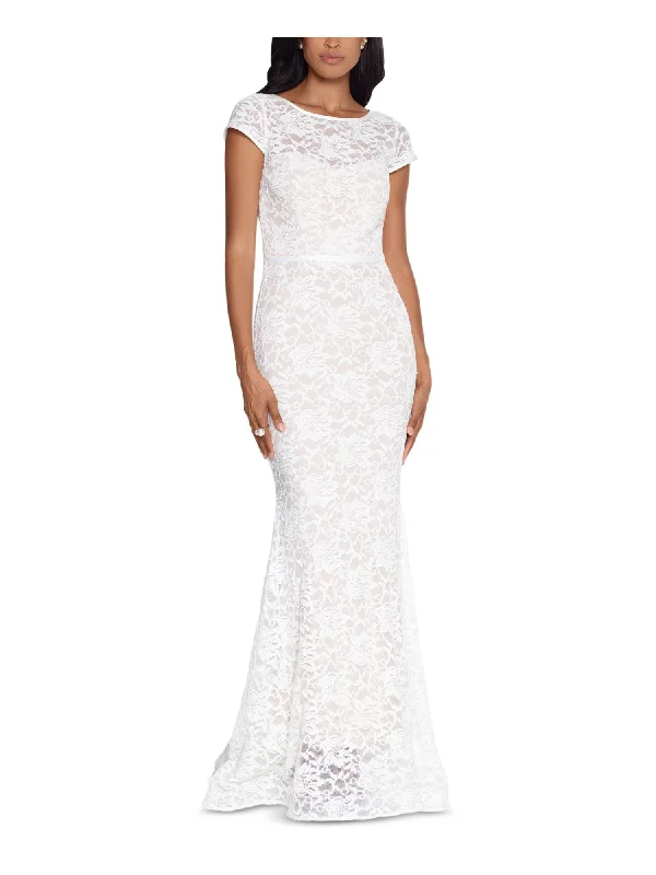 XSCAPE Womens Lace Cap Sleeve Scoop Neck Full-Length Formal Mermaid Dress Chic Lace Dress