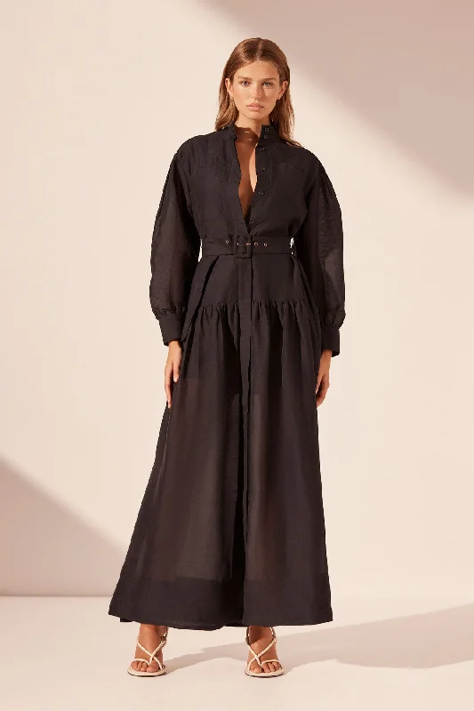 CELESTE LONG SLEEVE TIERED SHIRT MAXI DRESS - BLACK Ruffled Maxi Skirt