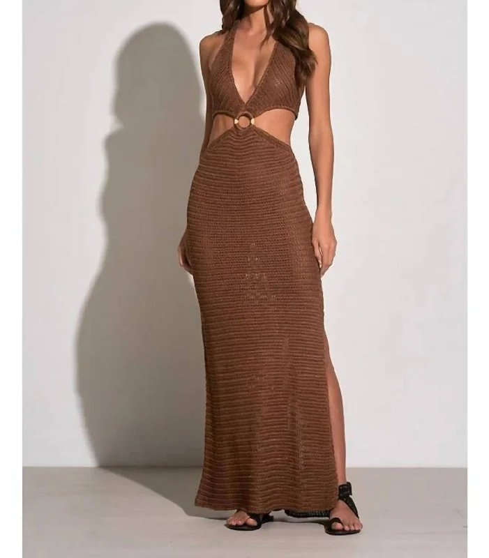 Crochet Maxi Halter Cut Out Dress In Brown Comfortable Long Skirt