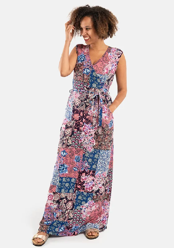 Lysette Pretty Patchwork Print Cotton Maxi Dress Pleated A-line Skirt