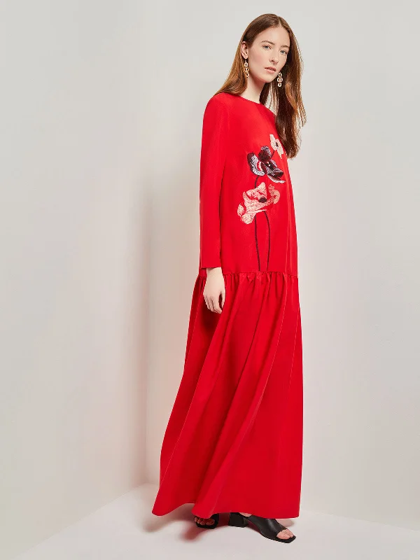 Placed Floral Drop Waist Twill Maxi Dress Pleated Maxi Skirt