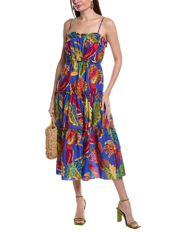 FARM Rio Beaks & Bananas Midi Dress Pleated A-line Skirt