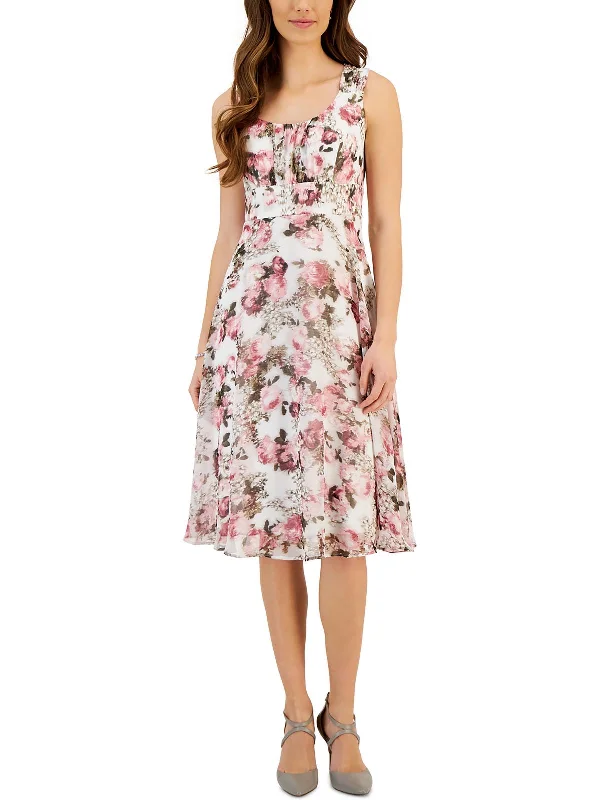 Womens Floral Print Chiffon Midi Dress Slim Midi Skirt